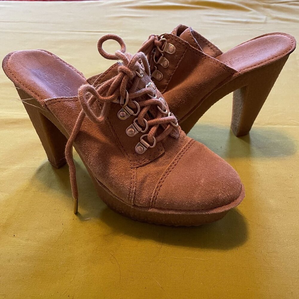 Michael Kors Tan Suede Quincy Clog Lace Up Platform Shoes Women's Size 7.5
